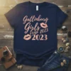 Navy blue t-shirt with rose gold text "Gatlinburg Girls trip 2023 2023" and lips graphic