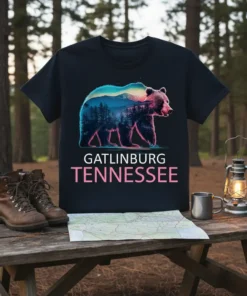 Gatlinburg Tennessee t-shirt with a bear silhouette filled with a mountain landscape and pine trees