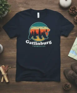Gatlinburg Tennessee retro bear and forest design on a navy t-shirt