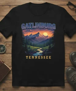 Gatlinburg Tennessee mountain landscape t-shirt with sunset and river design