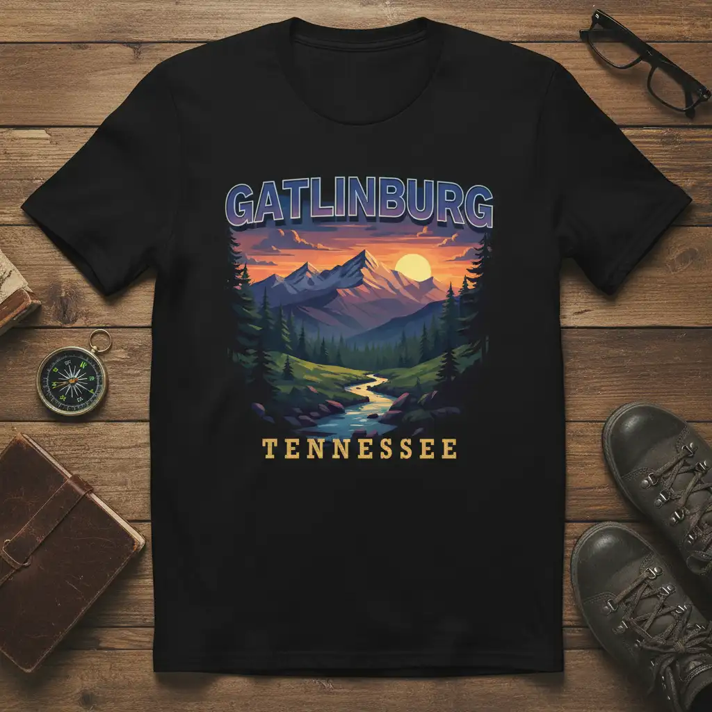 Gatlinburg Tennessee mountain landscape t-shirt with sunset, river, and forest graphic