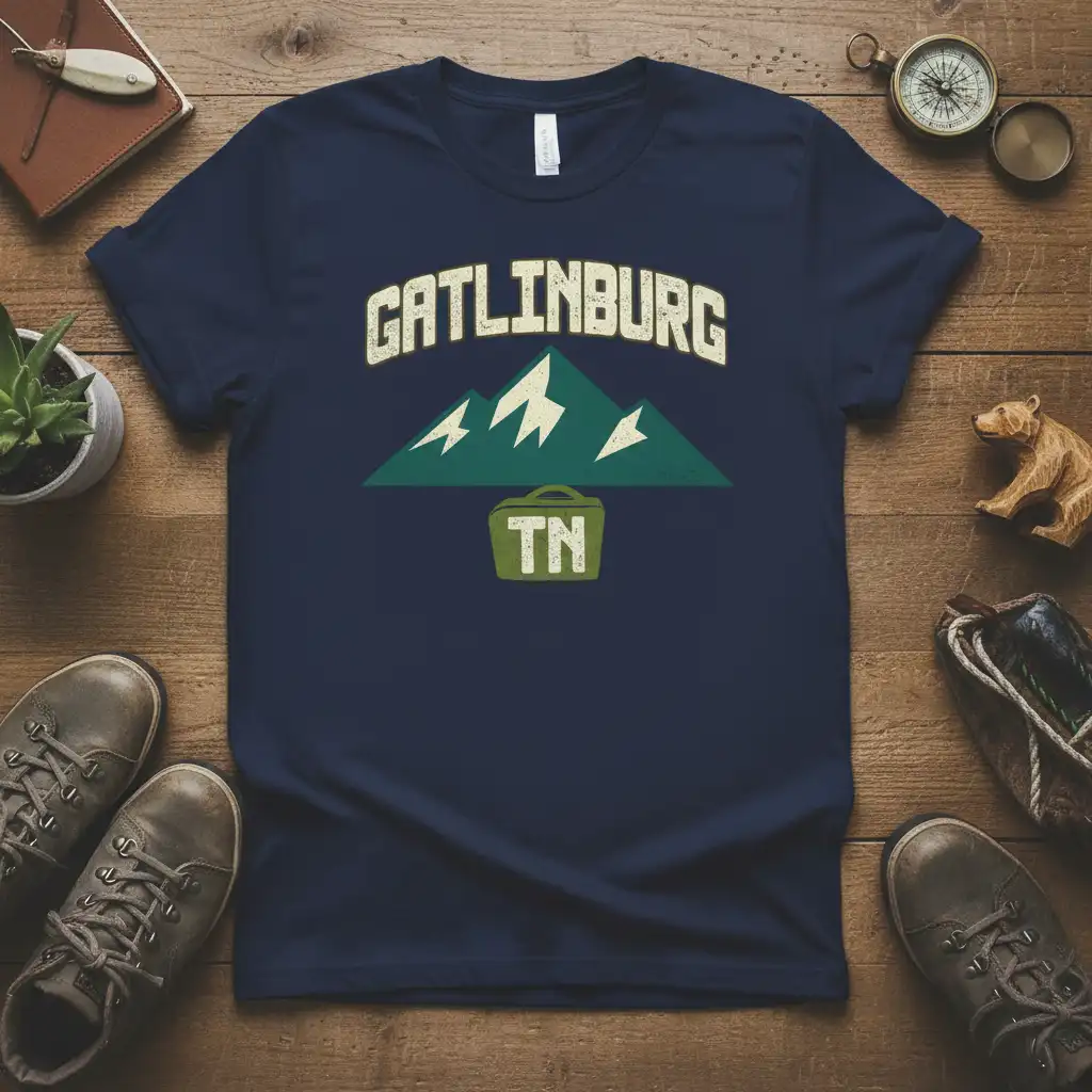 Navy blue Gatlinburg TN t-shirt with collegiate text and mountain graphic