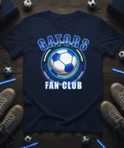 Gators Fan Club text above a soccer ball graphic with blue neon rings on a navy t-shirt