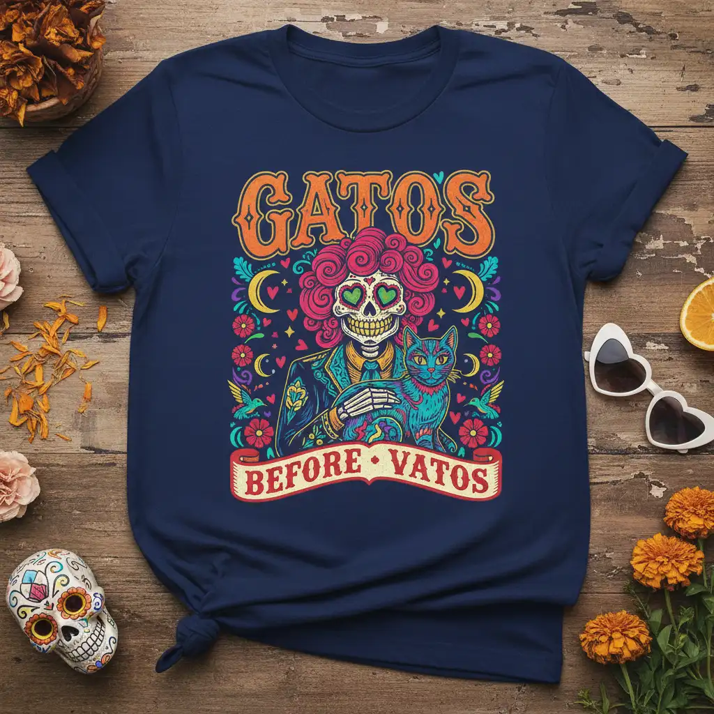 Gatos Before Vatos design with skeleton, cat, and colorful Day of the Dead motifs on a navy shirt