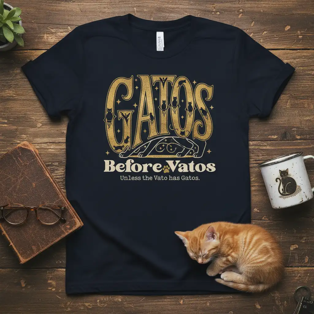 Gatos Before Vatos Unless quote printed with eye-catching design on quality cotton blend t-shirt design