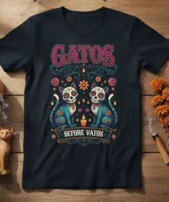 Gatos Before Vatos t-shirt with two sugar skull cats, flowers, and ornate patterns