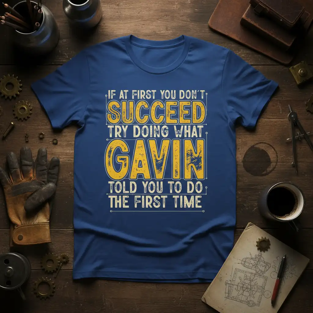 If At First You Don't Succeed Try Doing What Gavin Told You To Do The First Time quote on a blue t-shirt
