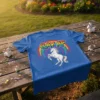 Blue t-shirt with "GAY AF" text above a rainbow and a white unicorn graphic