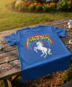 Blue t-shirt with "GAY AF" text above a rainbow and a white unicorn graphic