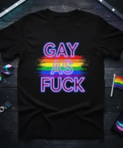 Black t-shirt with "GAY AS FUCK" in neon blue and pink text over a rainbow gradient background