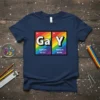 Gay Periodic Table science pride t-shirt design with "Ga" and "Y" elements on a rainbow background