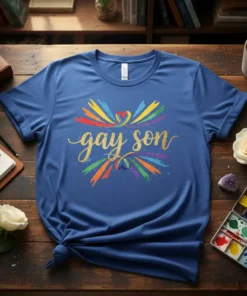 Blue t-shirt with "gay son" in glitter gold text, surrounded by a rainbow heart and colorful bursts