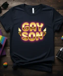 Gold lettering spelling GAY SON with pink neon glow on a navy t-shirt, representing gay pride