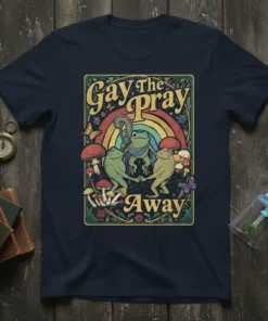 Gay the Pray Away T-Shirt with dancing frogs, mushrooms, and a rainbow design. LGBTQ pride apparel