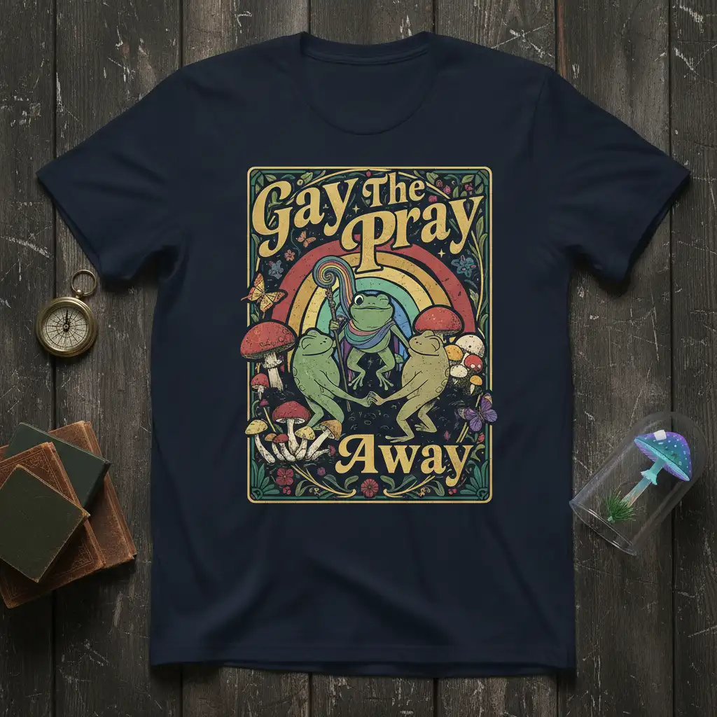 Gay the Pray Away T-Shirt with dancing frogs, mushrooms, and rainbow graphic, perfect for LGBTQ pride events
