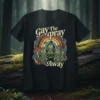 Gay The Pray Away t-shirt design with retro rainbow, dancing frogs, mushrooms, and butterflies