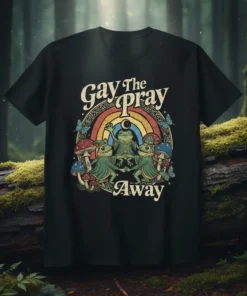 Gay The Pray Away t-shirt design with retro rainbow, dancing frogs, mushrooms, and butterflies