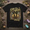 Black t-shirt with "Gay The Pray Away" text and three dancing frogs illustration, mushrooms, and butterflies
