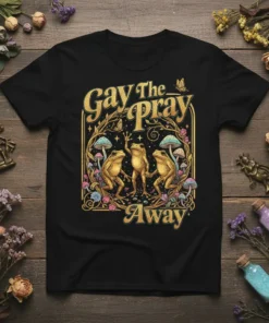 Black t-shirt with "Gay The Pray Away" text and three dancing frogs illustration, mushrooms, and butterflies