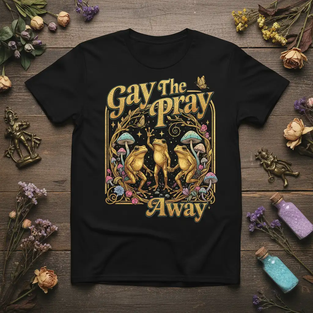 Gay The Pray Away text with dancing frogs, mushrooms, and butterflies on a black t-shirt