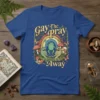Gay The Pray Away t-shirt with rainbow and dancing frogs design. Features whimsical typography and playful imagery
