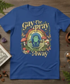 Gay The Pray Away t-shirt with rainbow and dancing frogs design. Features whimsical typography and playful imagery