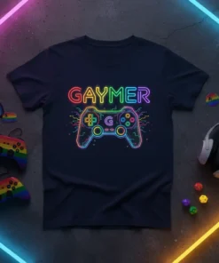 GAYMER text in neon rainbow colors above a glowing video game controller with circuit board details, dark navy t-shirt