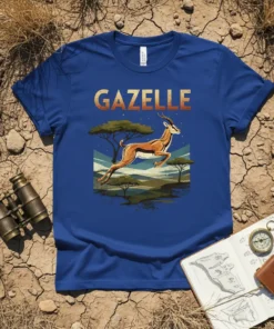 Gazelle text above a leaping gazelle graphic on a blue t-shirt, set against an African savanna landscape with acacia trees