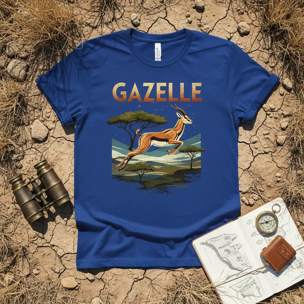 GAZELLE text graphic on a blue t-shirt with a leaping gazelle in an African savanna scene
