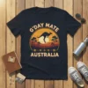 G'DAY MATE AUSTRALIA text with a silhouette of a kangaroo jumping during sunset on a navy t-shirt