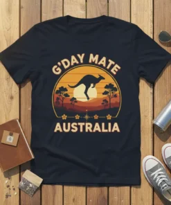 G'DAY MATE AUSTRALIA text with a silhouette of a kangaroo jumping during sunset on a navy t-shirt