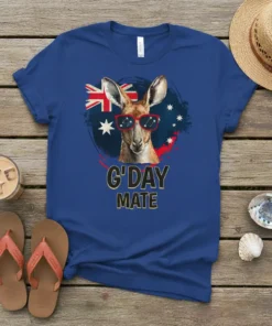 G'Day Mate t-shirt design featuring a kangaroo wearing sunglasses with the Australian flag in the background
