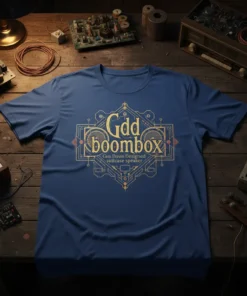 Gdd Boombox Gus Davis Designed Suitcase Speaker T-Shirt featuring retro audio graphic in gold on a navy blue tee