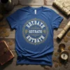 Blue t-shirt with circular GDTBATH GDTBATH GDTBATH text design in gold and white with ornate border and griffins