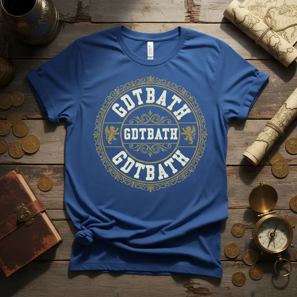 Circular GDTBATH GDTBATH GDTBATH text design in gold and white on a blue t-shirt with ornate border and griffins