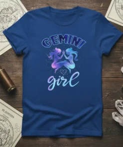 Gemini Girl T-Shirt featuring celestial artwork with two intertwined figures and stars, representing the Gemini zodiac sign