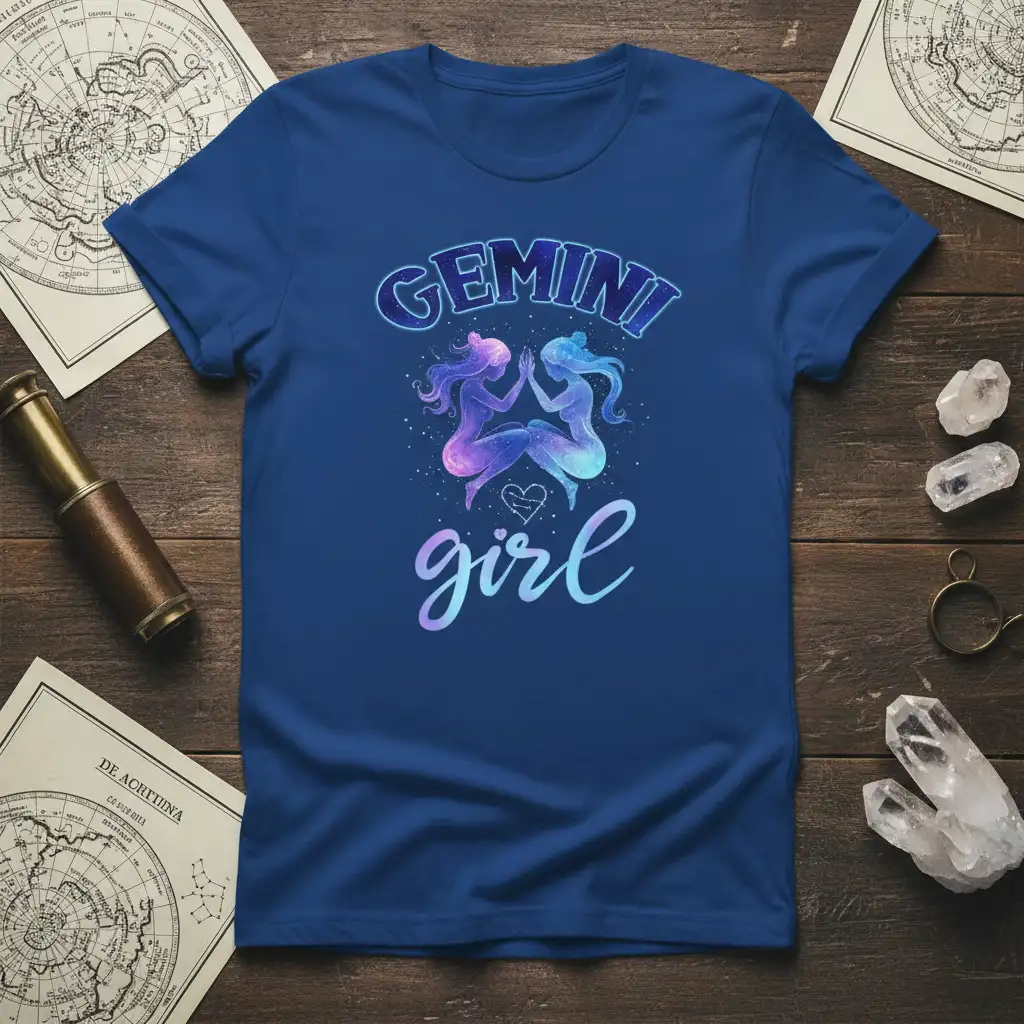 Gemini Girl celestial zodiac t-shirt design with artistic twin figures and starry cosmic background