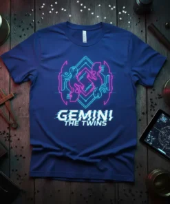 GEMINI! THE TWINS t-shirt with neon geometric design and glitch text effect