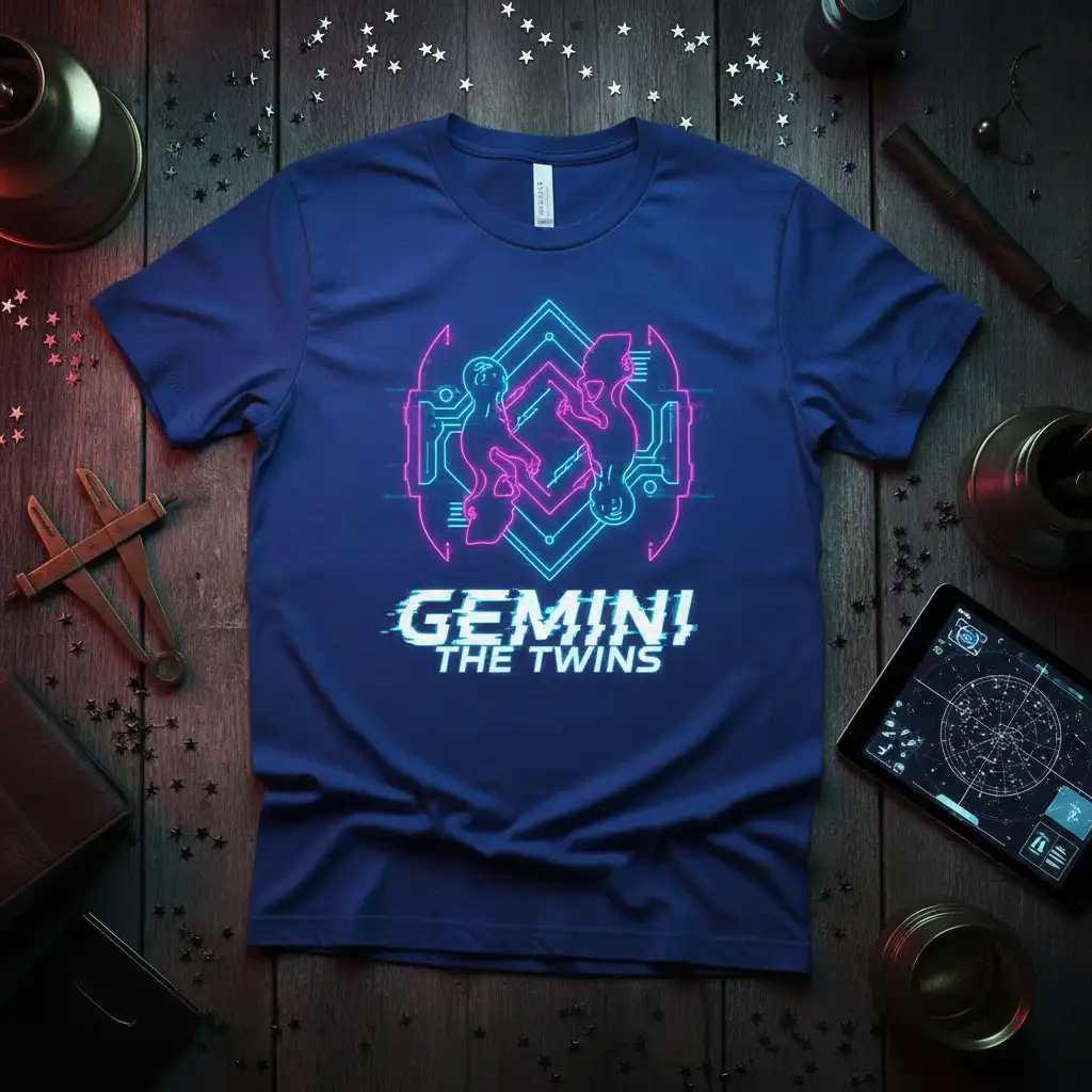 GEMINI! THE TWINS neon graphic t-shirt with abstract twin figures and glitch text