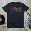GEN-X 1965-1980 text design with retro boombox graphic on a navy t-shirt
