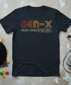 GEN-X 1965-1980 text design with retro boombox graphic on a navy t-shirt