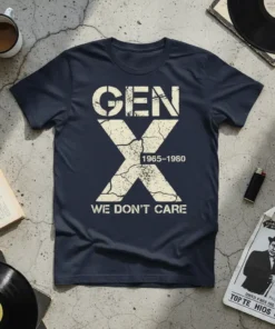 Gen X 1965-1980 We Don't Care text design with cracked texture on a navy blue t-shirt