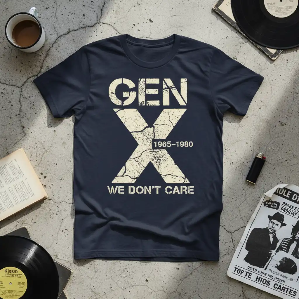 Gen X 1965-1980 We Don't Care quote design with vintage cracked texture on a navy tee