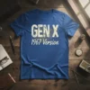 Gen X 1967 Version t-shirt with distressed text and gear graphics in beige and yellow on a blue shirt