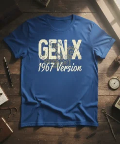 Gen X 1967 Version t-shirt with distressed text and gear graphics in beige and yellow on a blue shirt