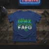Gen X FAFFO slogan t-shirt with green and silver text on a blue shirt, featuring retro circuit board graphics