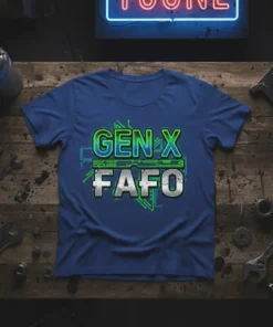 Gen X FAFFO slogan t-shirt with green and silver text on a blue shirt, featuring retro circuit board graphics