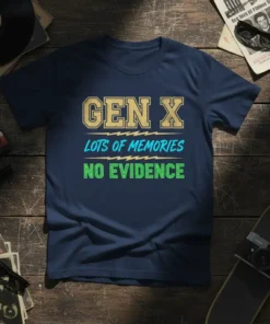 Gen X Lots of Memories No Evidence quote t-shirt in navy blue with retro typography