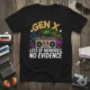 Gen X Lots of Memories, No Evidence t-shirt with retro boombox, cassette tapes, and video game controllers graphic