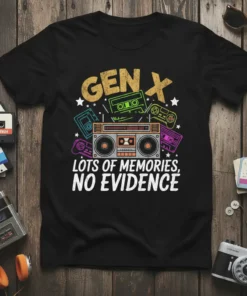 Gen X Lots of Memories, No Evidence t-shirt with retro boombox, cassette tapes, and video game controllers graphic